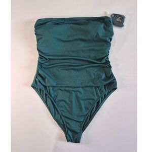Shade & Shore Ribbed Ruched Bandeau One Piece Swimsuit Teal Green XL